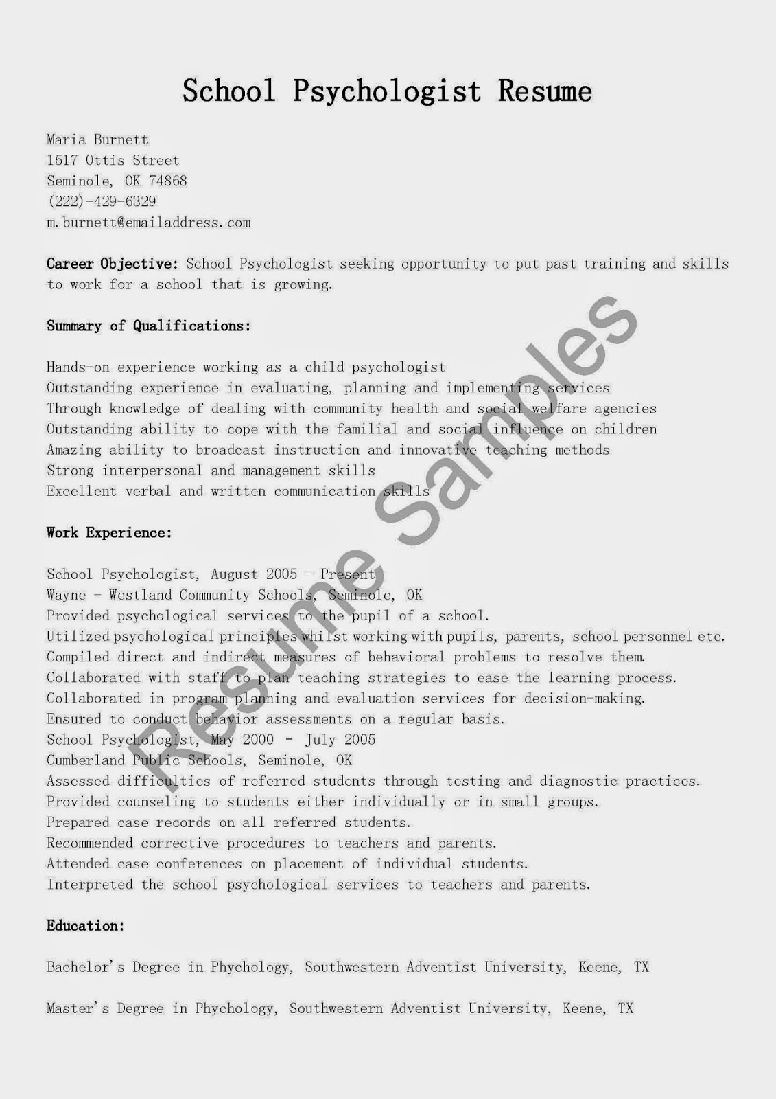 Psych graduate resume